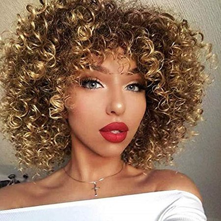 Amazon.com: N&T Short Black Kinky Curly Wig with Bangs Fluffy Wavy Synthetic Afro Curly Hair Wigs for Black Women: Beauty