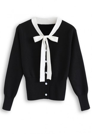 Button Down Bowknot Knit Sweater in Black - Long Sleeve - TOPS - Retro, Indie and Unique Fashion