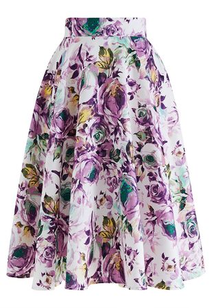 Watercolor Rose Flare Midi Skirt in Purple - Retro, Indie and Unique Fashion