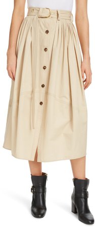 Belted Pleated Poplin Midi Skirt