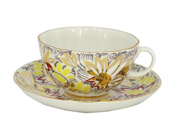 Imperial Lomonosov Porcelain Tea Cup Set 2 pc Tulip Golden Daisy 8.45 oz 250 ml