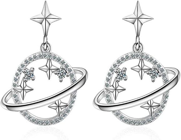 Amazon.com: White Gold Plated Cubic Zircon Earrings Earth Star Space Universe Dangle Earrings (Silver) (Silver): Clothing, Shoes & Jewelry