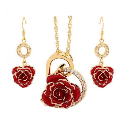 Red Matching Pendant and Earring Set - Heart Theme 24K Gold