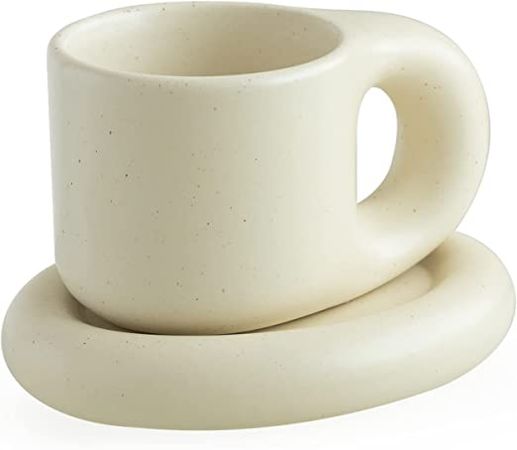 WENSHUO Chubby Funny Coffee Mug, Novelty Cute Cup and Saucer, Matte Crème, 9 oz: Cup & Saucer Sets