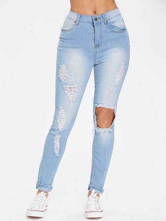 2018 High Waist Destroyed Jeans LIGHT SKY BLUE XL In Jeans Online Store. Best Flare Jeans For Sale | DressLily.com