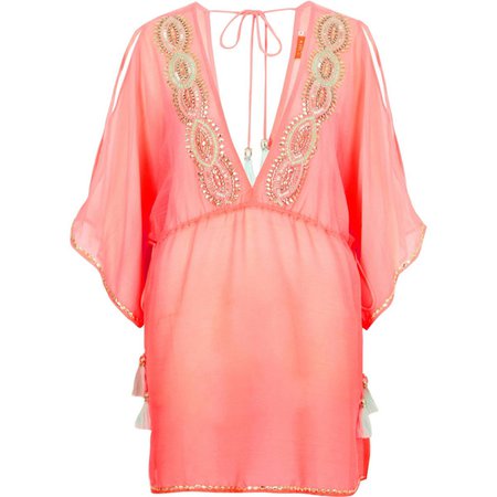 Bright pink chiffon embellished beach kaftan - Kaftans & Beach Cover-Ups - Swimwear & Beachwear - women