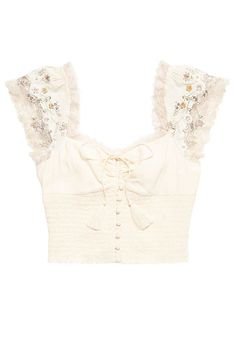 cropped bow front button up with sheer embroidered cap sleeves