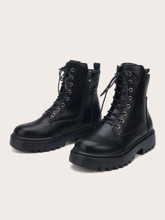 Unisex Women's Platform Boots With Simple Design, Front Lace-up Boots | SHEIN