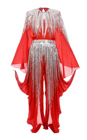Crystal-Embellished Chiffon Cape-Back Jumpsuit by Balmain | Moda Operandi