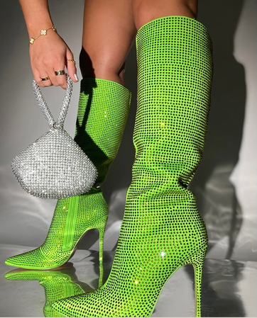 bright green diamanté knee high boots