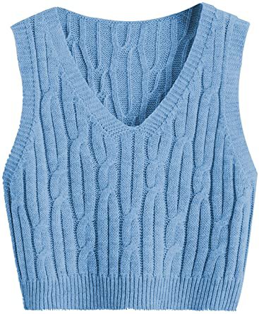 Romwe Women's Cable Knit Crop Sweater Vest Preppy Style Sleeveless V Neck Knitwear Tank Tops at Amazon Women’s Clothing store