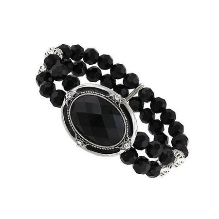 Silver-Tone Crystal and Black Faceted Oval Beaded Stretch Bracelet