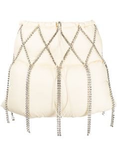 white puffy mini skirt with crystal rhinestone diamond chain trim belt decor
