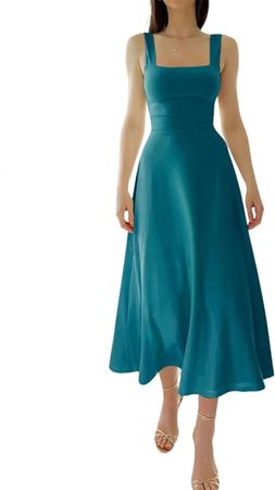 New Women's Thick Straps Midi Dress,Summer Midi Slip Dres Sleeveless (Peacock Blue,L)