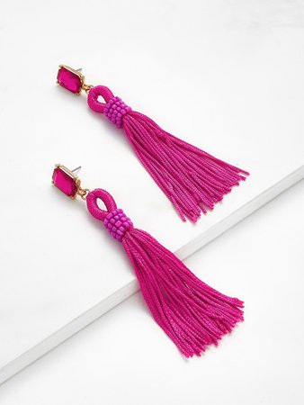 Neon Pink Rhinestone Top Tassel Drop Earrings | ROMWE