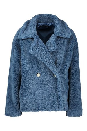 Double Breasted Short Teddy Faux Fur Coat | Boohoo blue