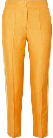 Les Héroïnes Cropped Grosgrain-trimmed Linen-blend Canvas Slim-leg Pants - Mustard