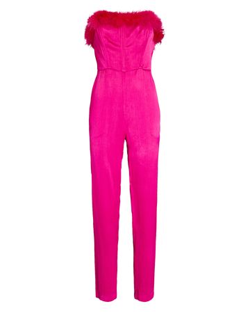 Saylor Raya Faux Feather-Trimmed Satin Jumpsuit in pink | INTERMIX®