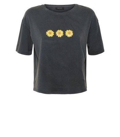 Dark Grey Acid Wash Sunflower Boxy T-Shirt | New Look