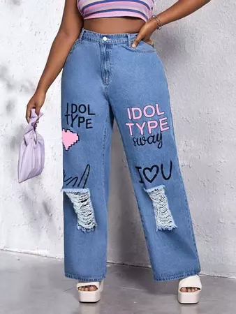 Plus Heart & Slogan Graphic Ripped Wide Leg Jeans | SHEIN