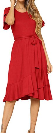 levaca Women's Plain Casual Flowy Short Sleeve Midi Dress with Belt at Amazon Women’s Clothing store