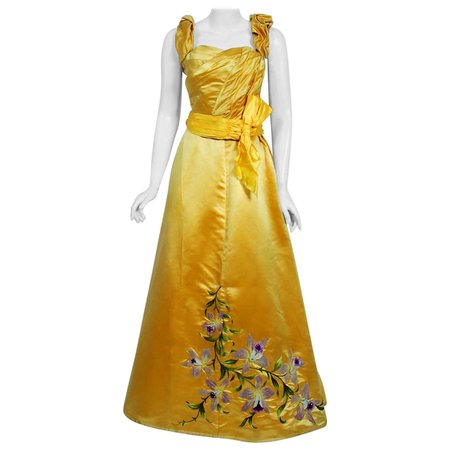 Antique 1895 French Couture Victorian Floral Embroidered Yellow Satin Gown For Sale at 1stDibs | 1895 dresses