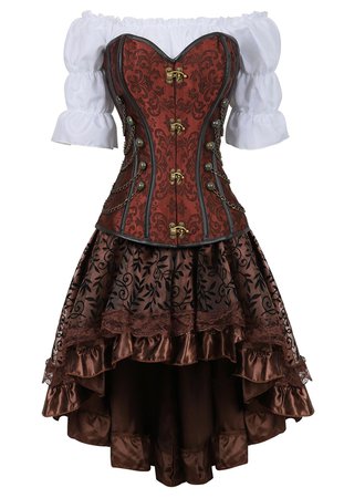 corset skirt 3 piece leather dress bustiers corset steampunk pirate lingerie corsetto irregular burlesque plus size black brown|Bustiers & Corsets| - AliExpress
