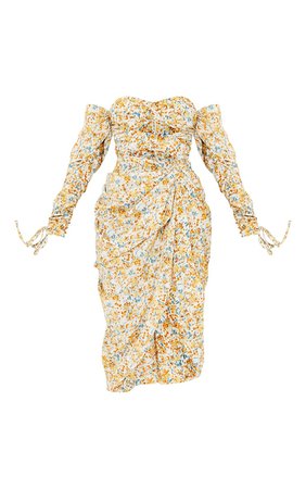 Yellow Ditsy Floral Bardot Draped Midi Dress | PrettyLittleThing USA