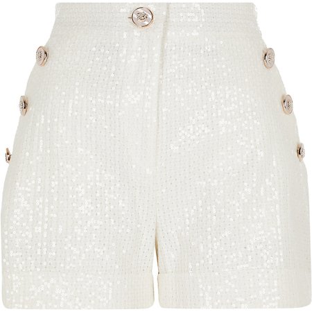 White sequin button front shorts | River Island
