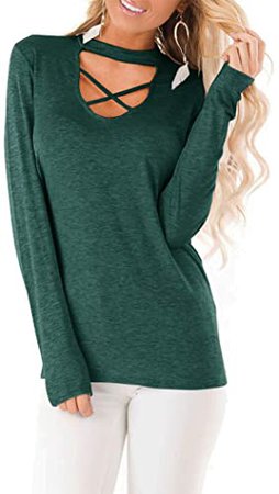 Floral Find Women's Long Sleeve Criss Cross Choker Tunic Tops Casual V Neck T Shirt Blouse Tops at Amazon Women’s Clothing store