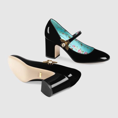 Patent leather mid-heel pump with bee - Gucci Women's Pumps 481177BNC801000