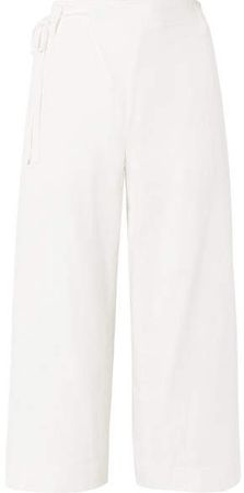 Cropped Wrap-effect Cotton-twill Wide-leg Pants - Off-white