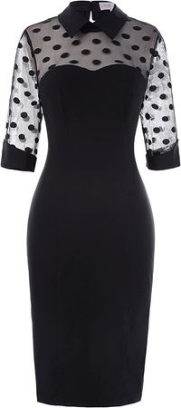 Amazon.com: Women 3/4 Sleeve Lapel Collar 50s Retro Polka Dots Pencil Dresses Black,Size S : Clothing, Shoes & Jewelry