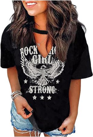 Sexy V Neck T Shirts for Women Tie Dye Hollow Out Blouse Tops Summer Loose Casual Shirt Country Music Graphic Tee Shirts(L, Black Rock Roll Girl) at Amazon Women’s Clothing store