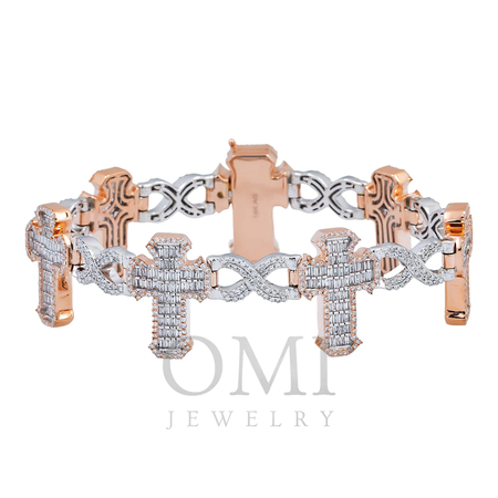 10K GOLD TWO TONE ROUND AND BAGUETTE DIAMONDS CROSS INFINITY CHAIN BRACELET 5.60 CT  $11,650.00