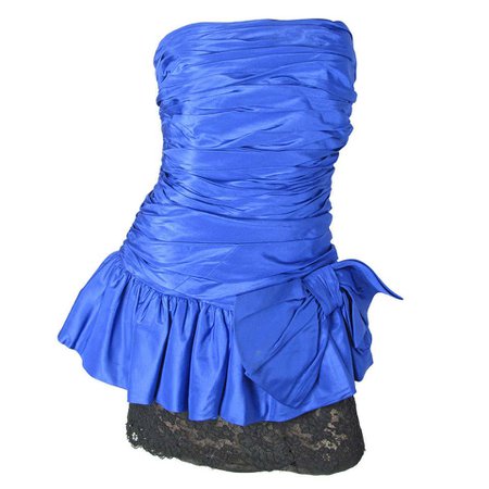 Oscar de la Renta blue taffeta and black lace strapless dress For Sale at 1stdibs