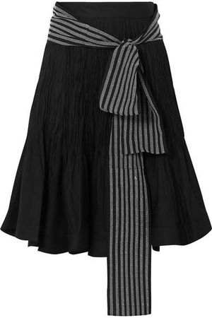 Belted Pleated Cotton-blend Midi Skirt - Black