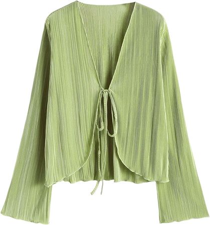 ZAFUL Women's Deep V Neck Tie Front Top Bell Long Sleeve Plisse Pleated Blouse Shirt Top Green at Amazon Women’s Clothing store