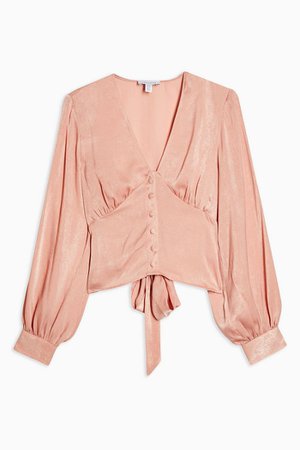 Blush Pink Plain Satin Tie Front Blouse | Topshop