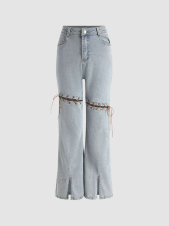 Lace Up Patchy Flare Leg Jeans - Cider