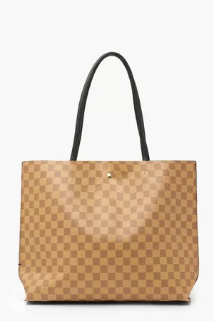 Check Large Popper Tote Shopper Bag | Boohoo brown