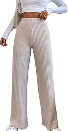 GORGLITTER Women's Solid High Waist Wide Leg Pant Elastic Ribbed Knit Palazzo Pants Trousers at Amazon Women’s Clothing store