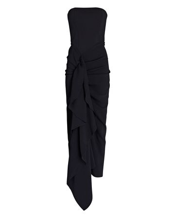 Solace London Thalia Ruffled Crepe Midi Dress In Black | INTERMIX®