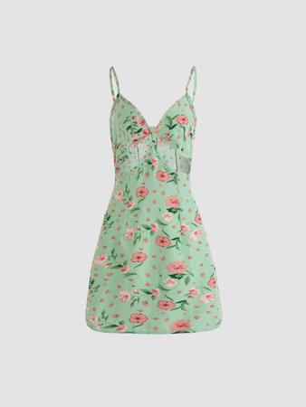 Cut Out V-neck Floral Green Cami Dress – LookSKY