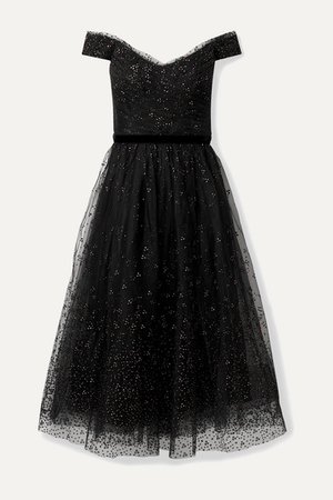 Marchesa Notte | Off-the-shoulder glittered tulle gown | NET-A-PORTER.COM
