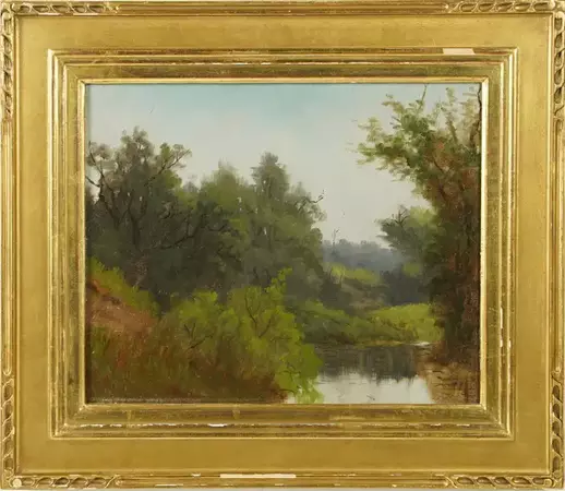 Unknown - Antique American School Impressionist Forest Interior Giltwood Frame Painting For Sale at 1stDibs
