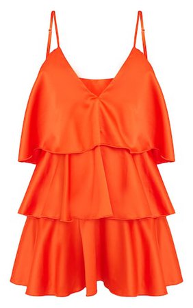 Bright Orange Satin Plunge Tiered Shift Dress | PrettyLittleThing USA