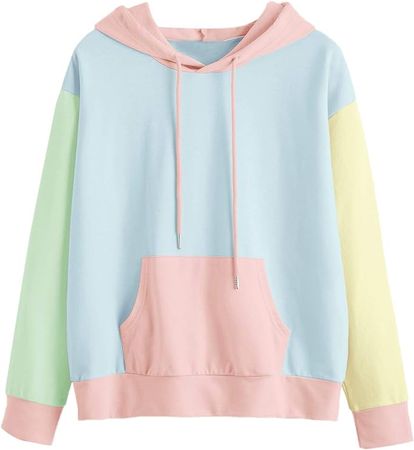 SweatyRocks Women's Causal Long Sleeve Color Block Hoodie Sweatshirt with Pocket Light Blue XL at Amazon Women’s Clothing store