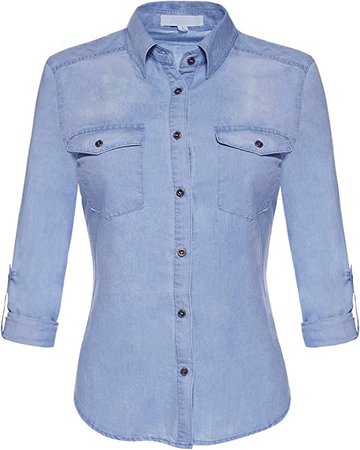 Design by Olivia Women's Basic & Classic Button Down Roll up Sleeve Chambray Denim Shirt Blue L at Amazon Women’s Clothing store