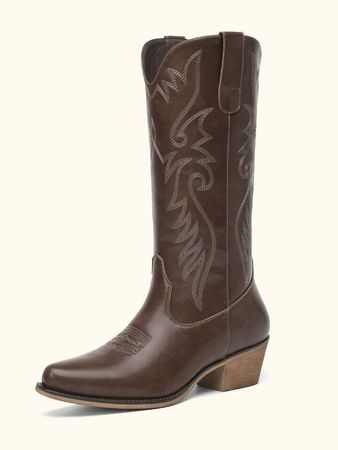 Women's Embroidered Cowboy Boots Pull On Western Boots Mid Calf Boots Chunky Heel Cowgirl Boots | SHEIN USA